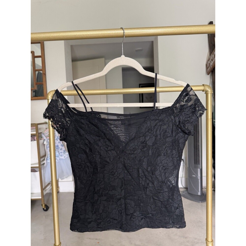 Guess Black Lace Top Small Off Shoulder Sheer Mesh Y2K Going Out Blouse